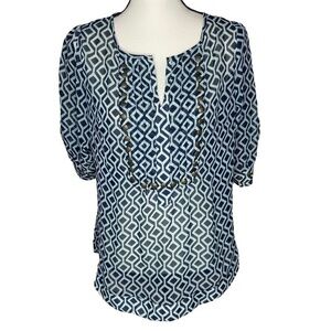 41 Hawthorn Blouse Top Blue Diamond Pattern Brass Accents Sheer Top Size Small